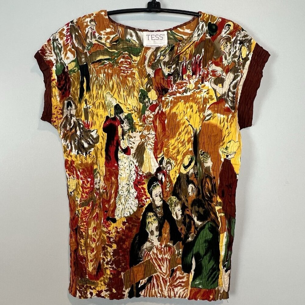 Tess Crinkled Yellow Blouse Size Small Vintage People Dancing Print Y2K